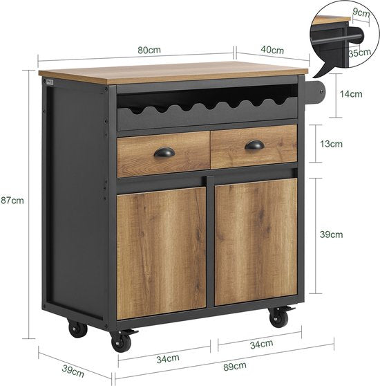 SoBuy Küchenwagen mit Rädern, Kücheninsel mit Flaschenhalter, 2 Schubladen und 2 Türen, Vintage Braun, 89x40x87 cm, Anrichte und Vorratsschrank - FKW122-SCH