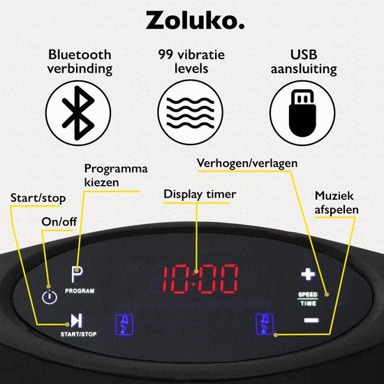 Zoluko - Fitness Vibrationsplatte - mit Bluetooth Funktion - Inkl. E-Book, Widerstandsbänder und Fernbedienung - USB Anschluss - Anti-Rutsch Gummi - Schwarz
