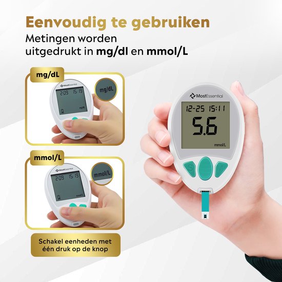 MostEssential Premium Blutzuckermessgerät Starter Kit - Blutzuckermessgerät - Diabetes Messgerät - Alles in einem Set - Inklusive Aufbewahrungstasche, Stechhilfe, 10 Teststreifen & 10 Lanzetten