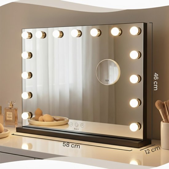 Bayt Hollywood-Spiegel mit Beleuchtung - Make-up-Spiegel mit Beleuchtung - Spiegel mit Beleuchtung - dimmbar - 10x Vergrößerung - 58x46cm - Schwarz