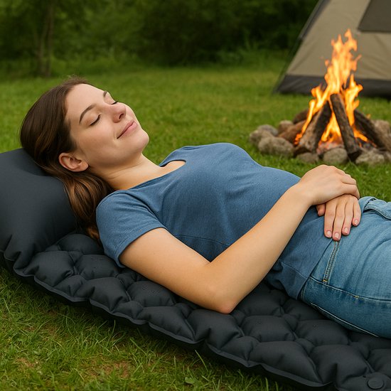 Outbee Schlafmatte selbstaufblasend - Luftmatratze mit integrierter Fußpumpe & Kissen - 1 Person - Selbstaufblasende Schlafmatte - Luftmatratze inkl. Gepäckträger - 195x60x5 cm - Schwarz