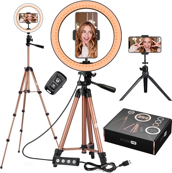 Studio ME Ringleuchte mit Stativ - 10 inch / 26 cm - Ringleuchte - Rose Gold - Tiktok Lampe - Ringleuchte mit Stativ - 30 Lichtstufen - Ringleuchte - inkl. Fernbedienung & Mini-Stativ - Ringleuchten