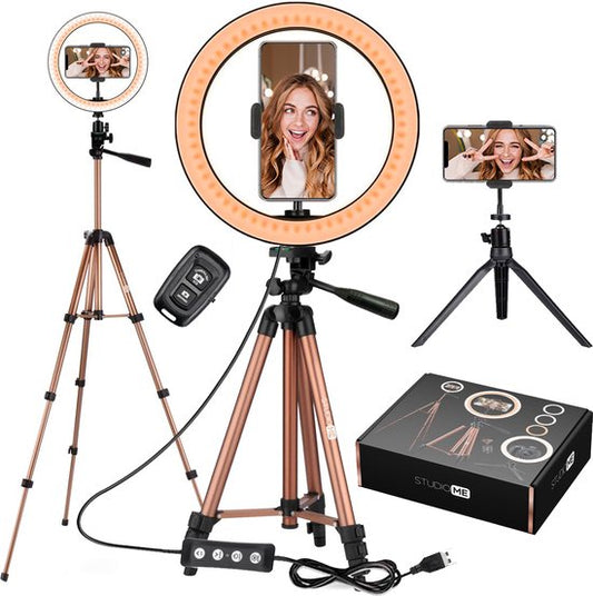 Studio ME Ringleuchte mit Stativ - 10 inch / 26 cm - Ringleuchte - Rose Gold - Tiktok Lampe - Ringleuchte mit Stativ - 30 Lichtstufen - Ringleuchte - inkl. Fernbedienung & Mini-Stativ - Ringleuchten