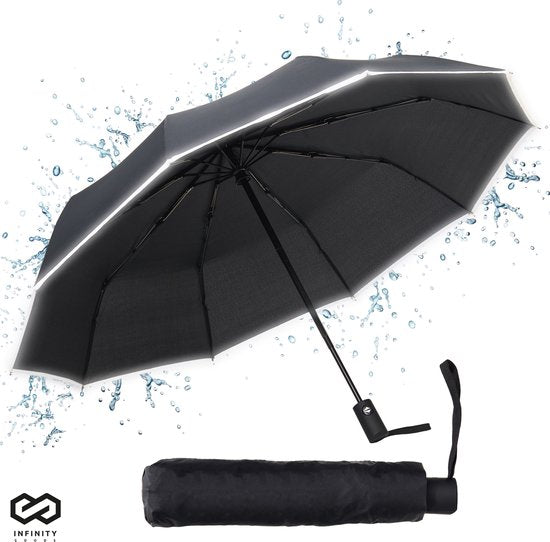 Infinity Goods Stormparaplu - Paraplu - 140 km/u - Reflecterend - Ã˜ 107 cm - Automatisch Uitklapbaar - Beschermhoes - Zwart
