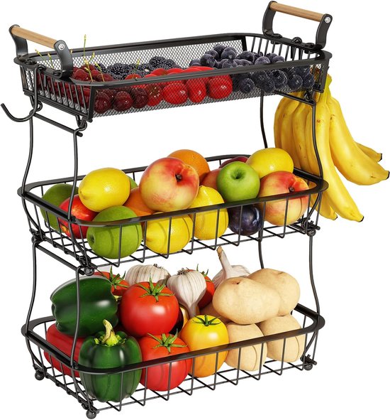 Posity Fruit Bowl 3 Layer - Obstkorb - Obst Etagere - Gemüsekorb - Drahtkorb - Mit Bananenhalter - Holz & Metall - Schwarz