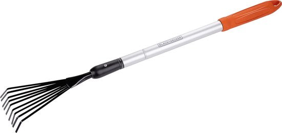 BLACK+DECKER Harke - Teleskop-Gartenharke - Ausziehbarer Stiel von 78 bis 111 CM - Laubharke - Gartengeräte Aluminiumstiel und Kohlenstoffstahlkopf - Rostfrei - Silber/Schwarz
