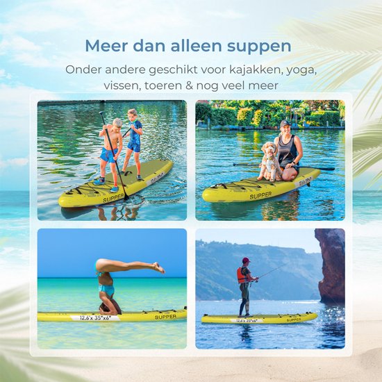 Supper Sup Board XL - Max. 220KG - Aufblasbar - Verstellbares Paddel - Wasserdichte Handytasche - Pumpe - Finne - Tragetasche - Touring 381 x 81 cm - Lime Green