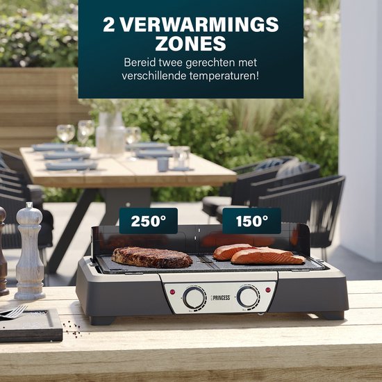 Princess BBQ Tischgrill 112254 - Schwarz - Einstellbarer Thermostat - Tisch-BBQ - Grillgerät - Große Backfläche - 2000W