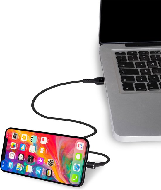 Grundig USB-Kabel - USB-A zu Lightning - Kompatibel mit iPhone und iPad - 3-in-1: Aufladen, Synchronisieren und Telefonständer - 1 Meter - Schwarz