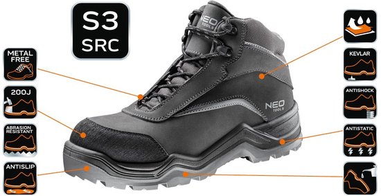 Neo Tools Herren-Sicherheitsstiefel Klasse S3 SRC, wasserdicht WR, rutschfest| Verstärkte Arbeitsstiefel mit Kevlar-Einlage, antistatische Einlage, ohne Metallelemente, durchtrittsicher