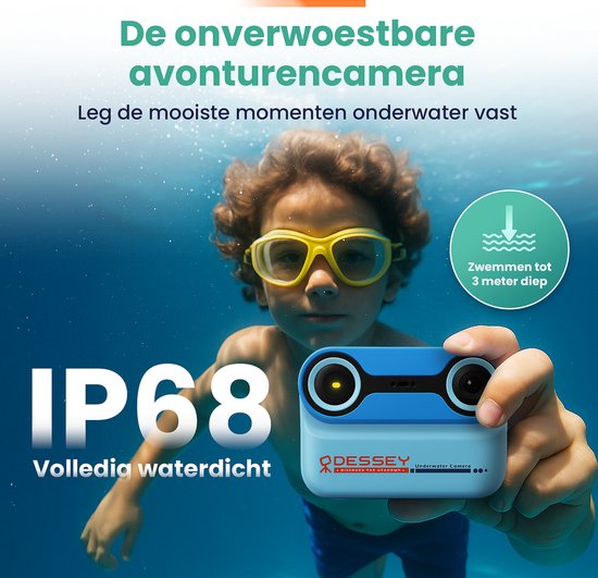 ODESSEY Wasserdichte Kinderkamera - mit Stativ - Full HD - Selfie Kamera - 32GB SD Karte - Foto - Video - Spiele - Digitalkamera Kinder - Fotokamera für Kinder - Blau