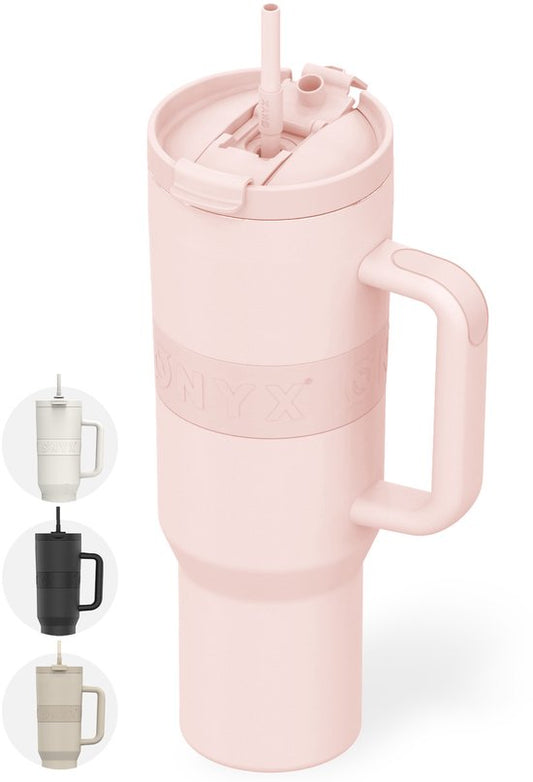 ONYX Trinkflasche mit Strohhalm 1 Liter - Wasserflasche für Kinder & Erwachsene - Thermosbecher Edelstahl Reisebecher - Motivations-Trinkbecher - Trinkbecher für die Schule - Candy Pink