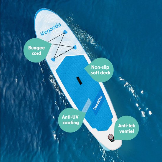 LifeGoods SUP Board All-round Compact - 100 KG Belastbarkeit - 300 x 76 cm - Aufblasbar - Komplettes SUP Paket - Weiß/Himmelblau