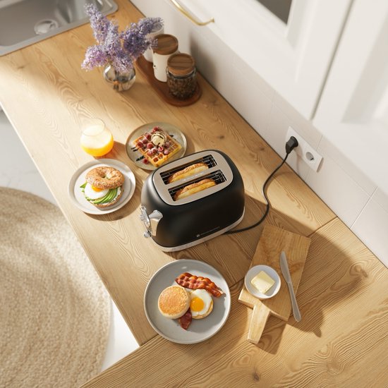 KitchenBrothers Retro-Toaster - Toaster - 6 Heizstufen - 2 extra breite Schlitze - 815W - Schwarz