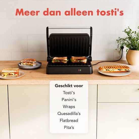 KitchenBrothers Kontaktgrill - Toasti Gerät - Grillgerät - Panini Grill - Croque Monsieur Gerät - Toasti Eisen - 1200W - Schwarz
