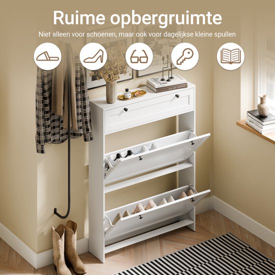 SoBuy - Schuhschrank mit 1 Schublade - 80 x 19 x 107 cm & mit 2 Kipptüren - ausgestattet mit Anti-Kipp-System und Silikonfüßen - für schmale Flure und Eingänge - weißes Mdf