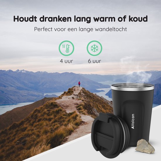 Volcan Edelstahl Kaffeebecher To Go - Thermosbecher - Auslaufsicher - Teebecher - 380ml - Schwarz
