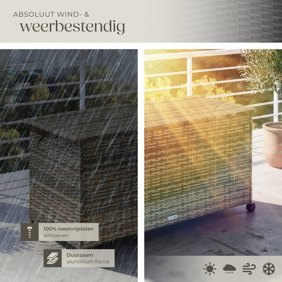 tectake® Wicker Aufbewahrungsbox – 253 l – Kissenbox für den Außenbereich – Gartenbox – 116 x 54 x 64 cm - Wetterfest und mit Deckel verschließbar – Rollbar – Inklusive 2 Griffen, 2 Rädern mit Bremse und Gasfedern – Gartenkiste – Beige