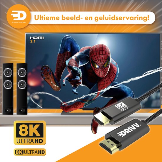 Drivv. HDMI-Kabel 2.1 8K - Ultra HD High Speed - HDMI zu HDMI - Geeignet für Xbox Serie X & PS5 - 1 Meter - Nylon - Grau