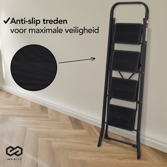 Infinity Goods Stabile Haushaltsleiter 4 Stufen - Küchentreppe zusammenklappbar - Antirutsch - Treppenleiter - faltbar - Metall - Schwarz