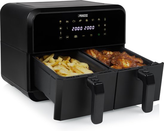 Princess Double Basket Airfryer 182068 - Double Airfryer - 8 Liter - 2 Körbe - XXL - 8 Programme - 2400W - Doppelte Heißluftfritteuse - Touchscreen - Schwarz - 80°C bis 220°C - Sync-Funktion