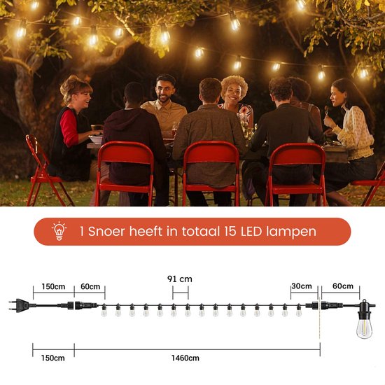 Partizzle 15m LED-Lichterkette für den Außenbereich - Terrassen- und Camping-Gartenbeleuchtung - Lichtergirlande - Weihnachtsbeleuchtung - Wasserdichte Lichtergirlande - 2700K / Warmweiß
