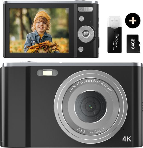 K&L Digitalkamera 4K - 64MP - Kamera - Kompaktkamera - Vlog Kamera - Für Kinder - Inklusive 64GB - NL Software