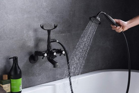 Sumerain - Vintage Wandarmatur für die freistehende Badewanne - Mattschwarz - Handbrause