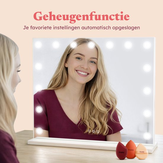 Fraay® Hollywood Spiegel mit Beleuchtung 60x50cm - 3 Lichtmodi - Make-up Spiegel mit 10-facher Vergrößerung Spiegel - LED Dots Beleuchtung dimmbar - Inkl. 2 Beauty Blenders und Puderquaste