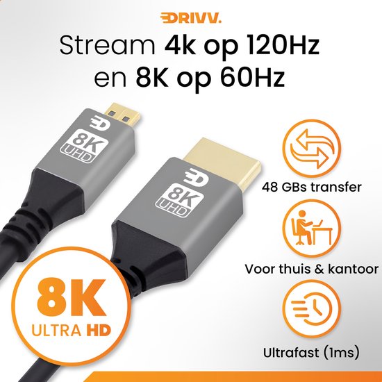 Drivv. Premium Micro HDMI zu HDMI Kabel 2.1 - 8K 60Hz / 4K 120Hz Ultra HD - Geeignet für Kamera, GoPro, Computer - 1 Meter - Grau
