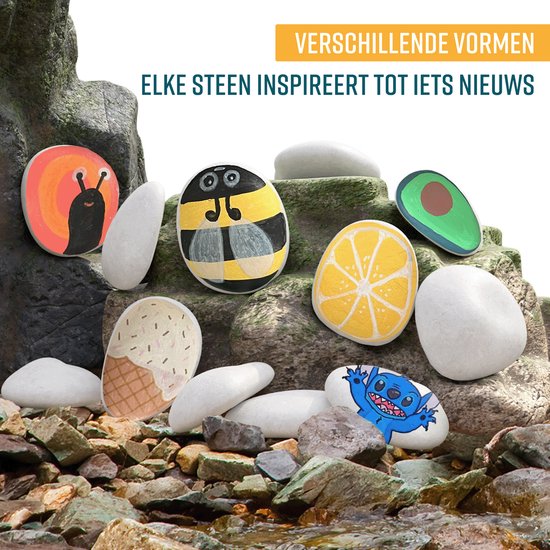 NAPI Happy Stones Steine - 12 weiße Kieselsteine - Inklusive Kurs: Malerei Steine - Glatte glatte Kieselsteine - Paket - Strand Kiesel - 4 bis 8cm - Weiß