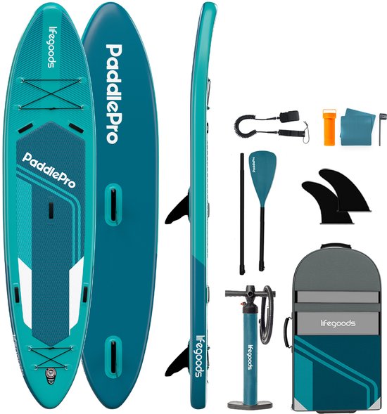 LifeGoods - SUP Board Tandem - 2 Personen - 220 KG Tragfähigkeit - 381 x 86 cm - Aufblasbar - Deep Aqua