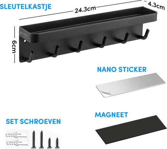 Happy Goods® - Schlüsselbrett - Schlüsselhalter - selbstklebend, magnetisch und schraubbar - rostfreier Stahl - Schwarz