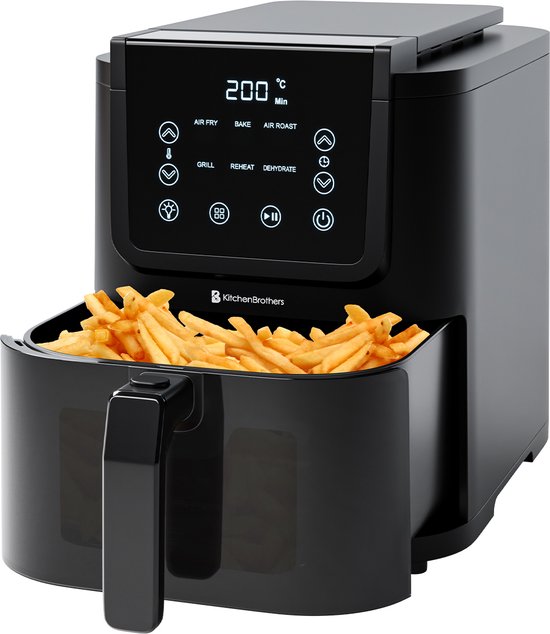KitchenBrothers Airfryer XL - 5L - 1500W - Heißluftfritteuse - 60ºC bis 200ºC - Kleines Design - Extra leise - 6 Kochprogramme - Schwarz