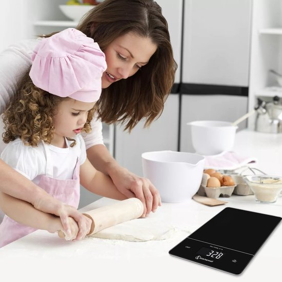 Kitchenwell Digitale Präzisions-Küchenwaage - Waage Küche - 1gr - 15kg - Tara-Funktion - USB wiederaufladbar - Schwarz