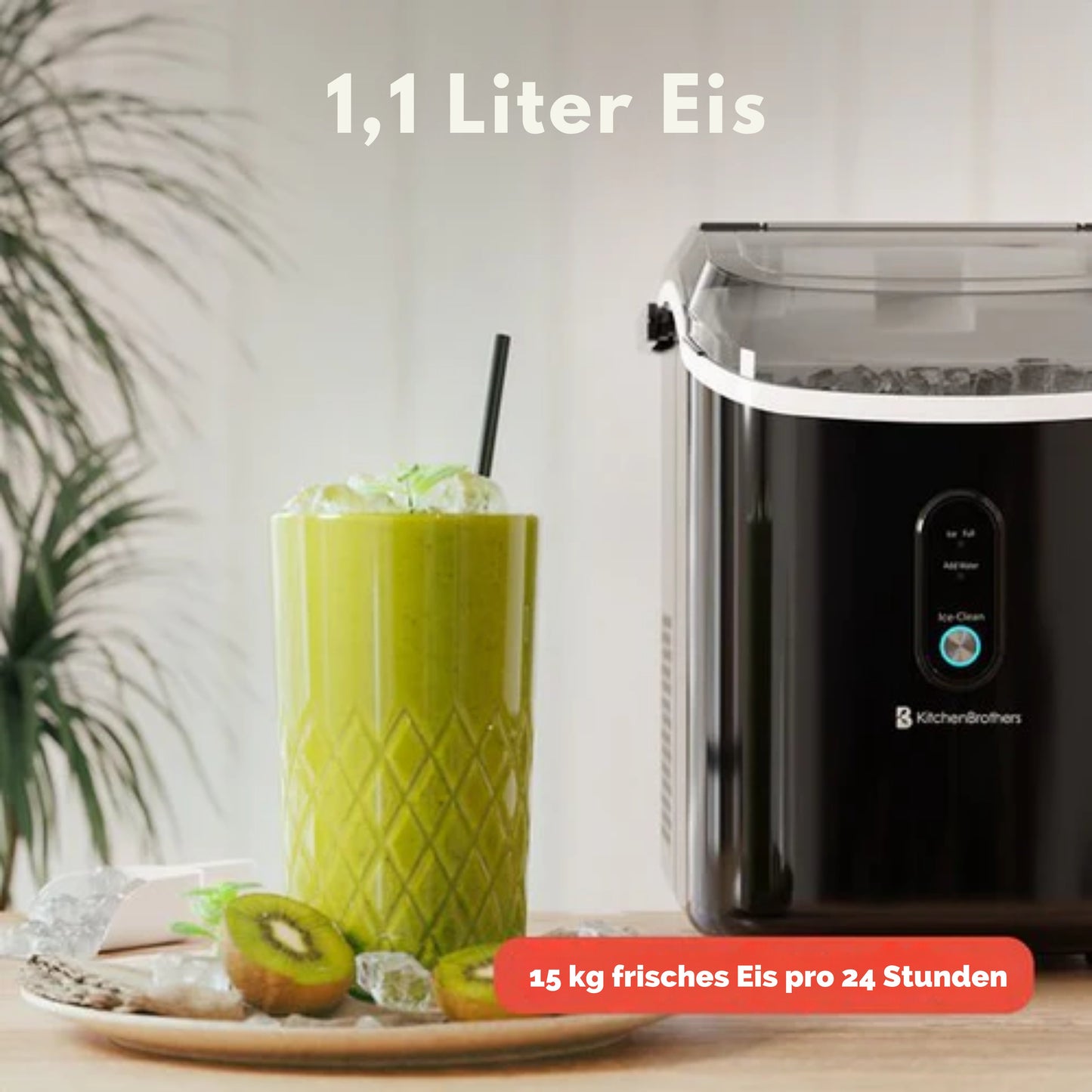 KitchenBrothers Nugget Eiswürfelbereiter - 1.1L - Crushed Ice Maker mit Eisportionierer - Tragbar - 15kg/24 Stunden - Schwarz