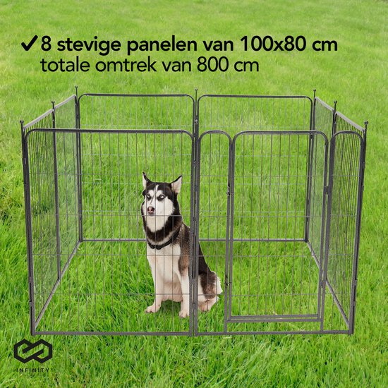 Infinity Goods Hundeauslauf - Welpenauslauf - 8 Paneele - 100 x 80 CM - faltbar - mit Tür - Stahl - Schwarz