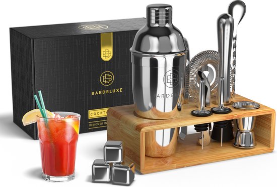 BarDeluxe® Cocktail Set - 13-teilig - Cocktail Shaker 750 ml mit Bambusständer, Rezeptbuch & Whiskey Stones - Luxus-Geschenkpaket