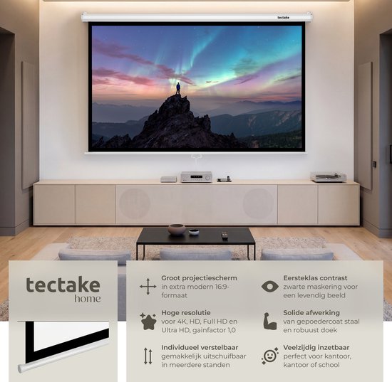 tectake® Beamer-Leinwand – 84 Zoll (214 cm) – 16:9-Projektionsleinwand – Wand- oder Deckenmontage – 4K HD – Aufrollbar – Ausziehbar – Projektionsleinwand – Präsentationsleinwand – Heimkino – Inklusive Befestigungsmaterial