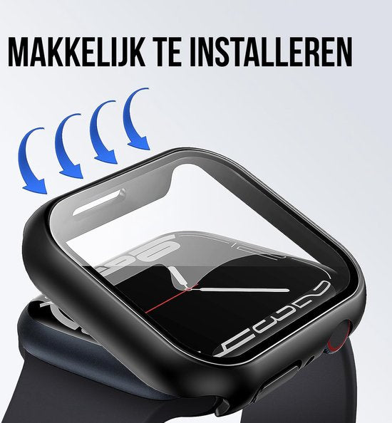 Gehäuse passend für Apple Watch Series 7 / 8 / 9 - 45 mm Displayschutzfolie - 2 Stück - Full Cover Hard Case - Schwarz - Podec