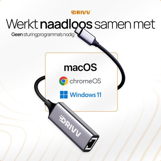 Drivv. USB-C zu Ethernet Adapter / Internet / Netzwerk - 10/100/1000 MBps - Grau