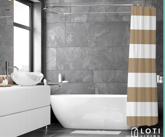 Loti Living Duschvorhang Anti-Schimmel - Hellbraun gestreift - Inklusive Ringe - Wasserdicht - Polyester - Duschvorhang 180x200 cm