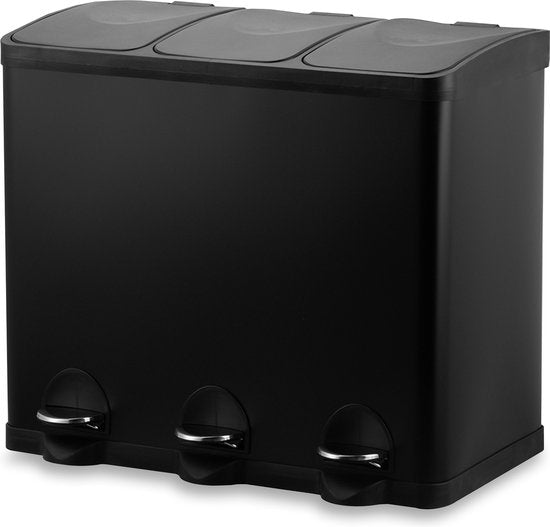 Bayt Mülleimer - Mülleimer 60 Liter - Mülleimer 60 Liter - Treteimer 60 Liter - Mülleimer 3 Fächer - Mülleimer Abfalltrennung - 3x 20 Liter - Edelstahl - Schwarz