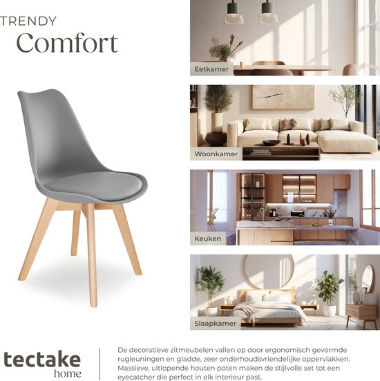 tectake® Esszimmerstuhl Frederikke – Set mit 6 Esszimmerstühlen mit gepolsterter Stoffsitzfläche – Beine aus Massivholz – Ergonomische Stühle, geeignet für Wohnzimmer, Esszimmer, Schlafzimmer und Küche – Belastbarkeit 120 kg – Grau