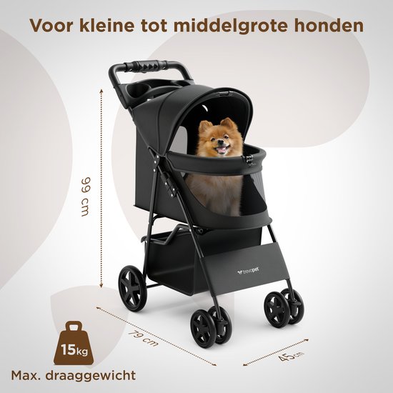 TrevoPet® Zusammenklappbarer Hundekinderwagen - für kleine und mittelgroße Hunde bis zu 15 kg - Kinderwagen mit Becherhalter und großem Ablagekorb - Schwarz
