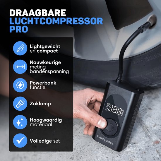 Vulpes Goods® Tech - Tragbare Kompressor-Reifenpumpe - 6400mAh - Elektrische Fahrradpumpe - Luftkompressor für Auto, Roller, Fahrrad, Ball und Luftbett - Inkl. 7 Aufsätze - Taschenlampe - Powerbank - Reiseetui - PRO