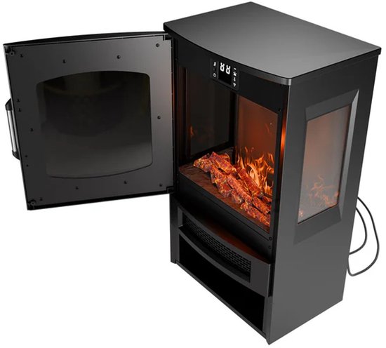 Elektrokamin / Atmosphärischer Kamin - 1800W - Inkl. Flammeneffekt, Wärmefunktion und App-Steuerung - Schwarz, Kaminofen Freistehend