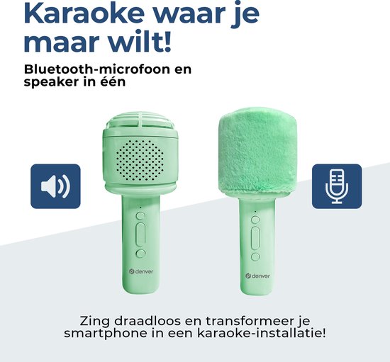 Denver Karaoke-Mikrofon Bluetooth - Drahtlos - Lautsprecher mit flauschiger Oberfläche - Karaoke-Set - AUX - MicroSD - KMS30GN
