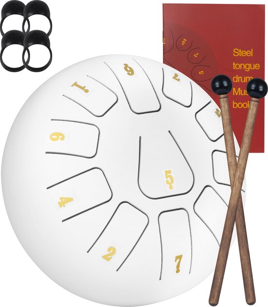 Nuvance - Handpan - Inkl. Lehrbuch, Fingertrommeln und Aufbewahrungstasche - Zungentrommel - Handpan-Trommel - Stahlzungentrommel - Weiß