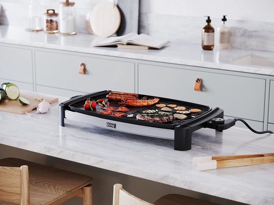 LEBENLANG Elektro-Grillplatte - 2000 Watt - 4 bis 8 Personen - Für drinnen & draußen - 32,1 x 54,5 x 6,5 cm - Schwarz